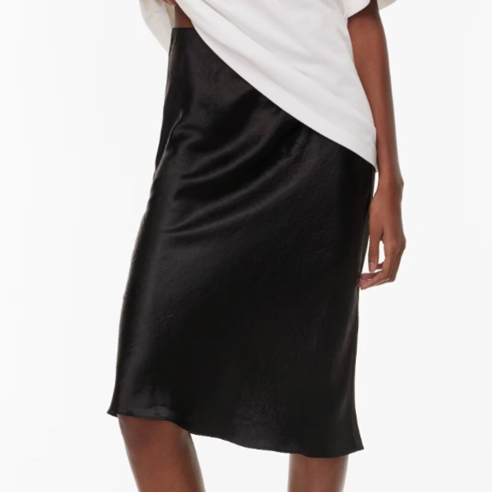 Black High waisted satin silk midi skirt Small shiny
